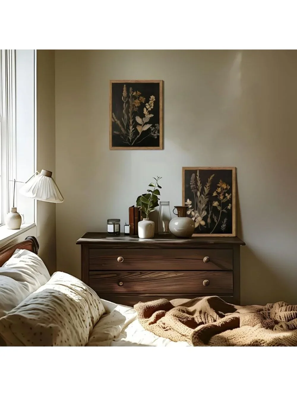 Moody Dark Botanical Framed Wall Art - Black & Gold Fern Floral Print Decor